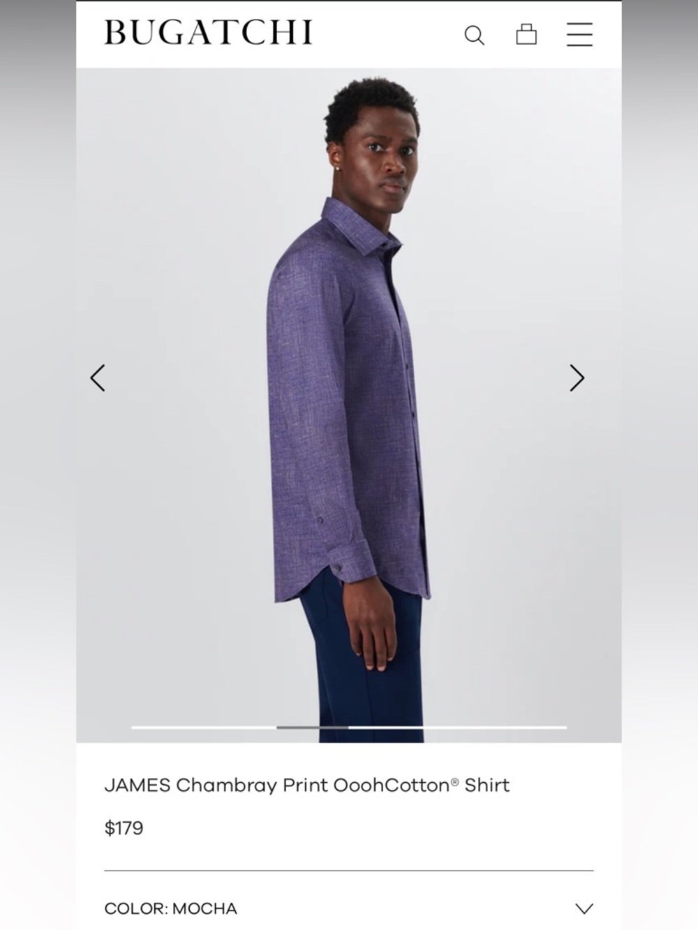 Bugatchi Men’s James Chambray OoohCotton Shirt Mocha XXL Heather Purple NWT - Picture 9 of 16